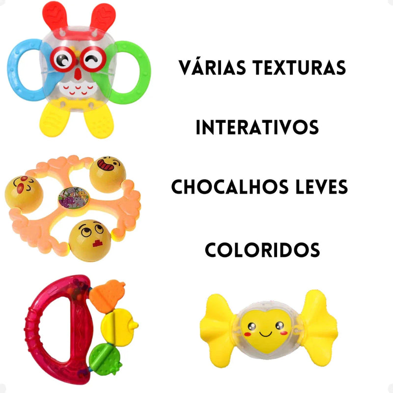 Kit 11 Chocalhos e Mordedor Macio Para Bebês Com Sinos De Mão Brinquedo Infantil