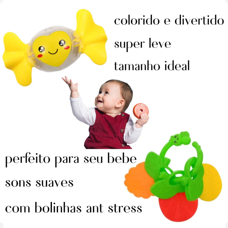 Kit 11 Chocalhos e Mordedor Macio Para Bebês Com Sinos De Mão Brinquedo Infantil